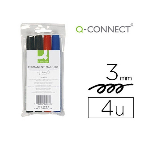 ROTULADOR Q-CONNECT MARCADOR PERMANENTE ESTUCHE DE 4 COLORES SURTIDOS PUNTA REDONDA 3 MM