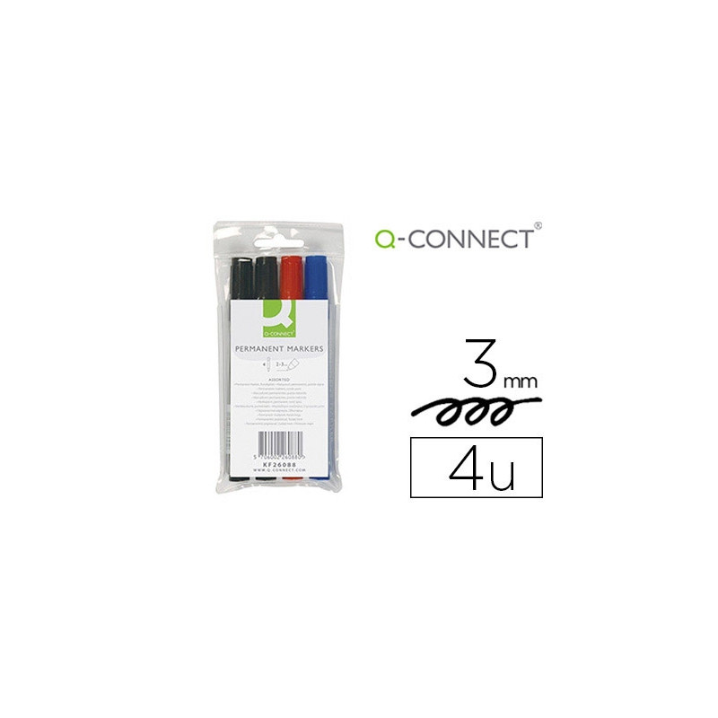 ROTULADOR Q-CONNECT MARCADOR PERMANENTE ESTUCHE DE 4 COLORES SURTIDOS PUNTA REDONDA 3 MM