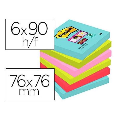 BLOC DE NOTAS ADHESIVAS QUITA Y PON POST-IT SUPER STICKY 76X76 MM CON 90 HOJAS PACK DE 6 UNIDADES CO