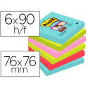 BLOC DE NOTAS ADHESIVAS QUITA Y PON POST-IT SUPER STICKY 76X76 MM CON 90 HOJAS PACK DE 6 UNIDADES CO