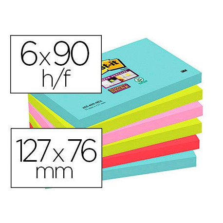 BLOC DE NOTAS ADHESIVAS QUITA Y PON POST-IT SUPER STICKY 76X127 MM CON 90 HOJAS PACK DE 6 UNIDADES C