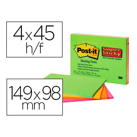 BLOC DE NOTAS ADHESIVAS QUITA Y PON POST-IT SUPER STICKY 152X101 MM CON 45 HOJAS PACK DE 4 UNIDADES 