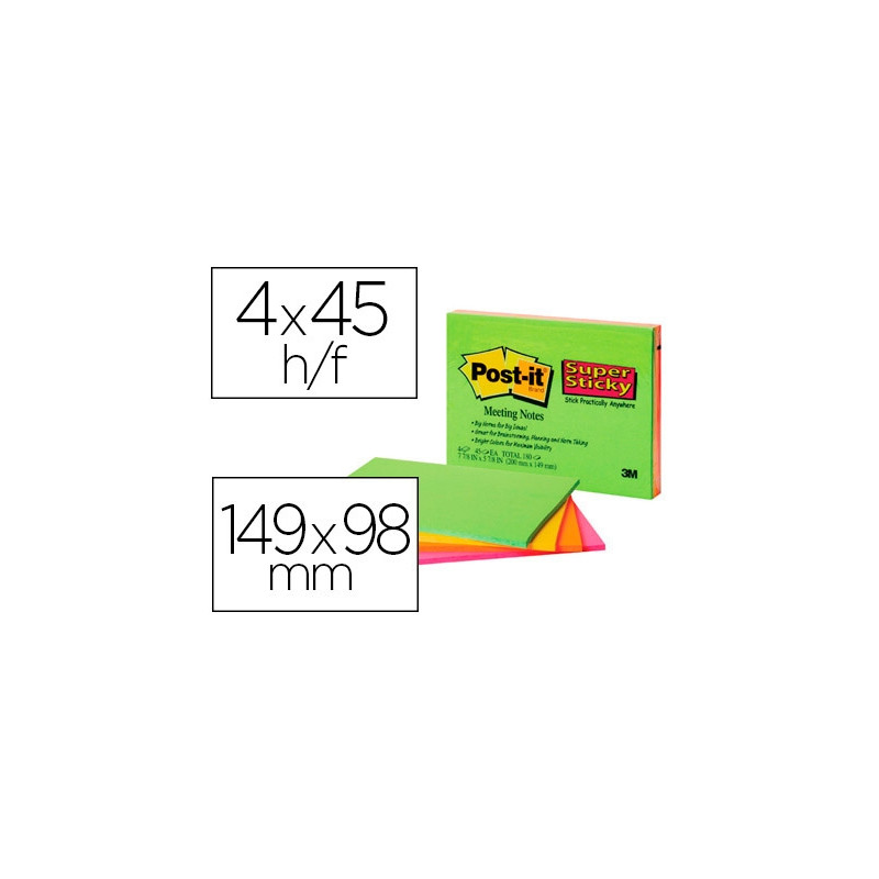 BLOC DE NOTAS ADHESIVAS QUITA Y PON POST-IT SUPER STICKY 152X101 MM CON 45 HOJAS PACK DE 4 UNIDADES 