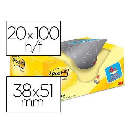 BLOC DE NOTAS ADHESIVAS QUITA Y PON POST-IT AMARILLO CANARIO 38X51 MM PACK PROMOCIONAL 16+4 GRATIS