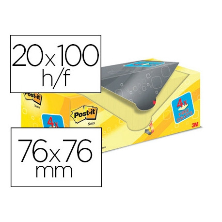 BLOC DE NOTAS ADHESIVAS QUITA Y PON POST-IT AMARILLO CANARIO 76X76 MM PACK PROMOCIONAL 16+4 GRATIS