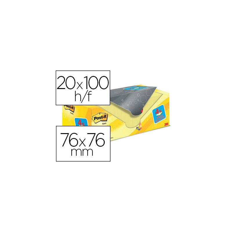 BLOC DE NOTAS ADHESIVAS QUITA Y PON POST-IT AMARILLO CANARIO 76X76 MM PACK PROMOCIONAL 16+4 GRATIS