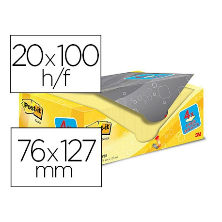 BLOC DE NOTAS ADHESIVAS QUITA Y PON POST-IT AMARILLO CANARIO 76X127 MM PACK PROMOCIONAL 16+4 GRATIS