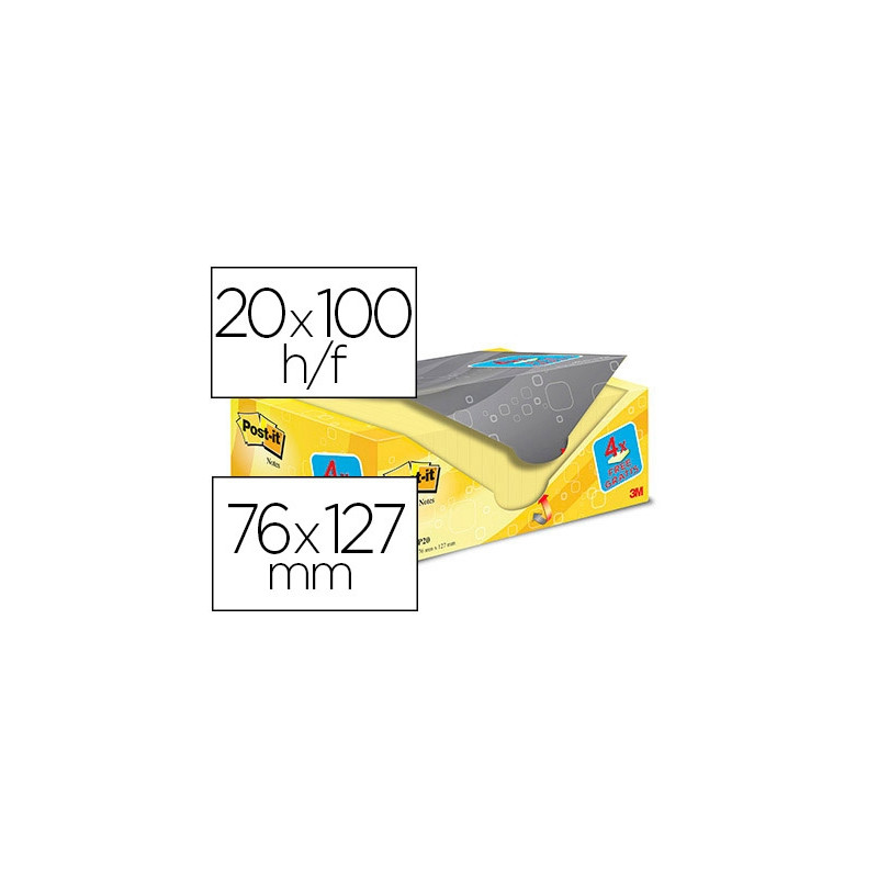 BLOC DE NOTAS ADHESIVAS QUITA Y PON POST-IT AMARILLO CANARIO 76X127 MM PACK PROMOCIONAL 16+4 GRATIS