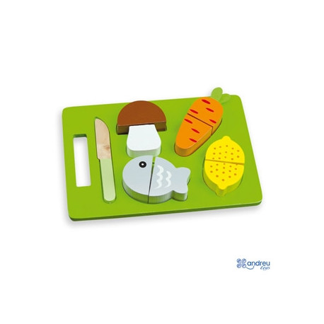 JUEGO ANDREUTOYS BANDEJA ALIMENTOS PARA CORTAR 21,4X15X3 CM