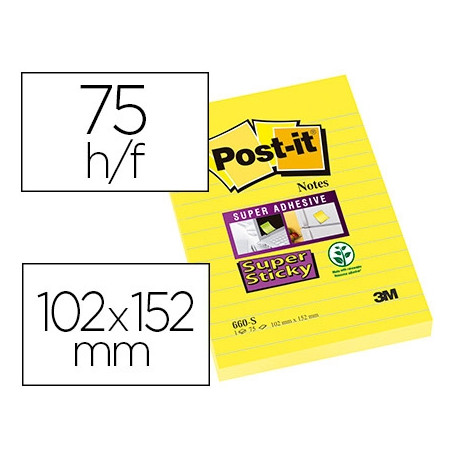 BLOC DE NOTAS ADHESIVAS QUITA Y PON POST-IT SUPER STICKY RAYADO AMARILLO ULTRA 102X152 MM