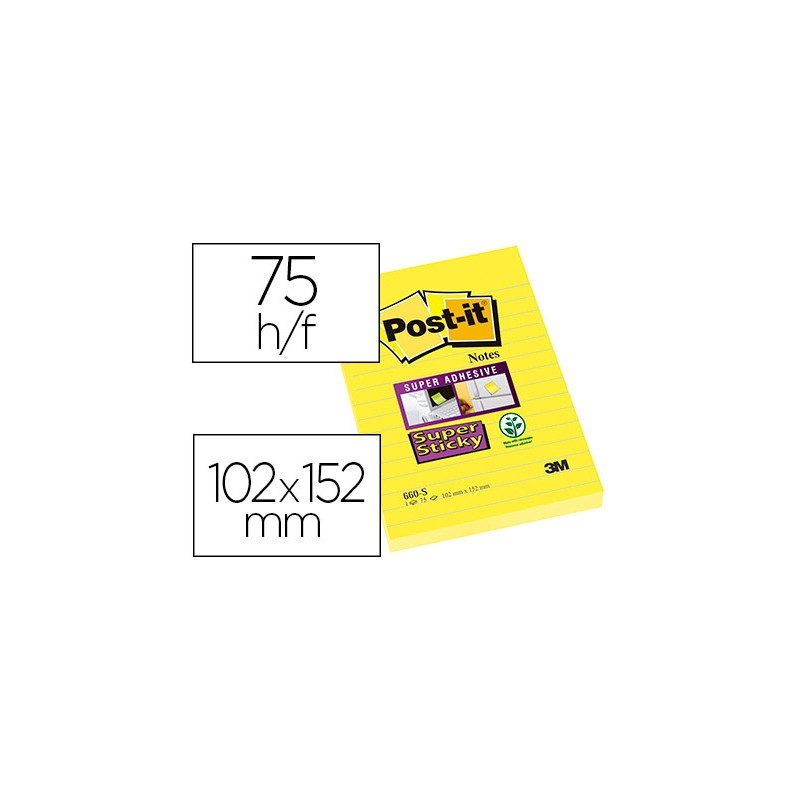 BLOC DE NOTAS ADHESIVAS QUITA Y PON POST-IT SUPER STICKY RAYADO AMARILLO ULTRA 102X152 MM