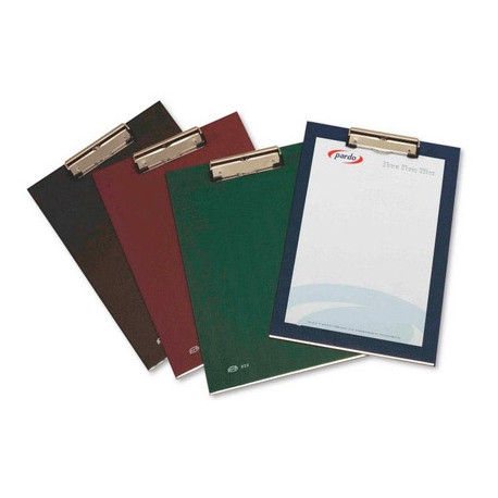 PORTANOTAS PARDO CARTON FORRADO PVC FOLIO CON PINZA METALICA BURDEOS