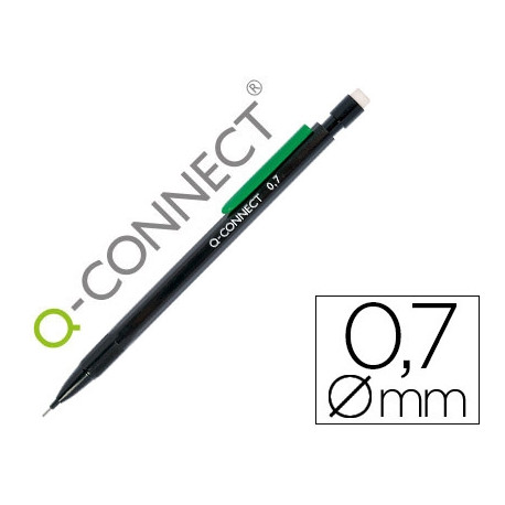 PORTAMINAS Q-CONNECT 0,7 MM CON 3 MINAS CUERPO NEGRO CON CLIP VERDE