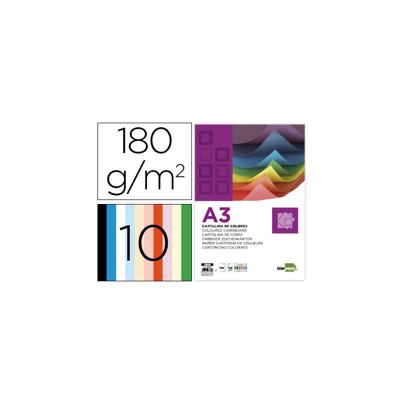 CARTULINA LIDERPAPEL A3 180G/M2 10 COLORES SURTIDOS 