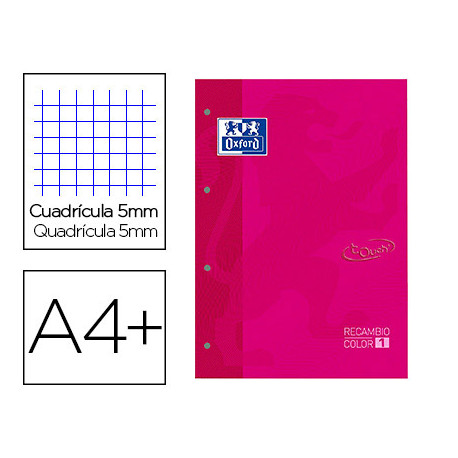 RECAMBIO COLOR 1 OXFORD DIN A4+ 80 HOJAS 90 GR CUADRICULA 5 MM TAPA BLANDA 4 TALADROS FUCSIA TOUCH