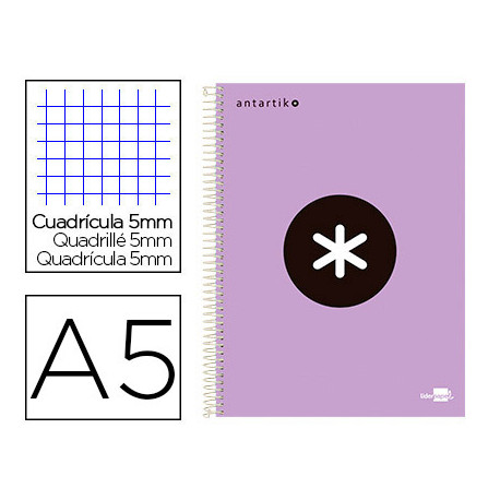 CUADERNO ESPIRAL A5 MICRO ANTARTIK TAPA FORRADA120H 90 GR CUADRO 5MM 5 BANDA 6 TALADROS COLOR LAVAND