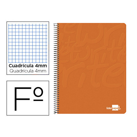 CUADERNO ESPIRAL LIDERPAPEL FOLIO WRITE TAPA BLANDA 80H 60GR CUADRO 4MM CON MARGEN COLOR NARANJA