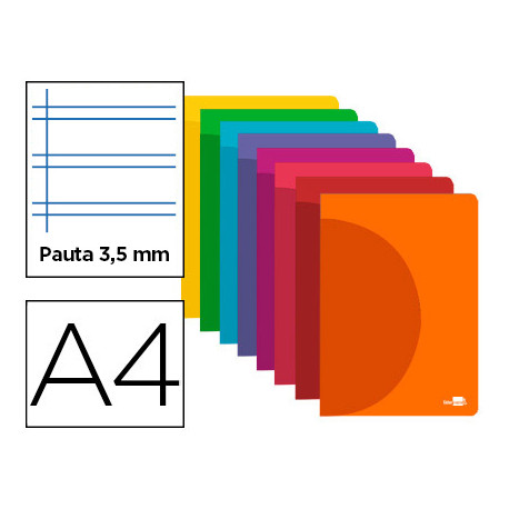 LIBRETA LIDERPAPEL 360 TAPA DE PLASTICO A4 48 HOJAS 90G/M2 PAUTA 4 3,5MM CON MARGEN COLORES SURTIDOS