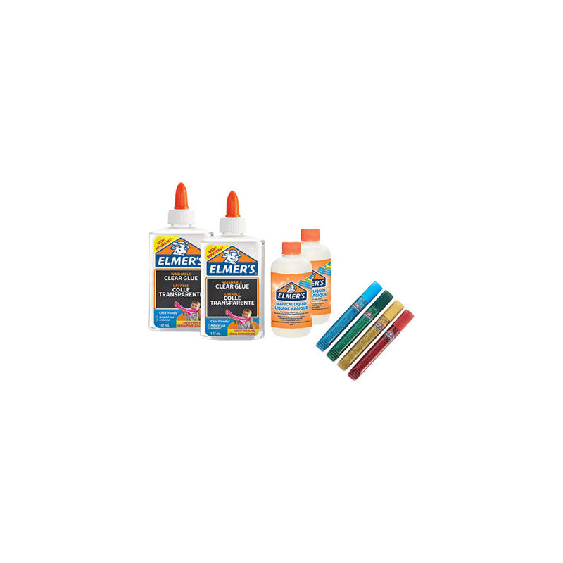 KIT ELMERS FABRICACION SLIME CON 2 BOTES COLA TRANSPARENTE + 2 BOTES LIQUIDO MAGICO + 4 BOTES PURPUR