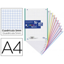 RECAMBIO COLOR OXFORD DIN A4 160 HOJAS 90 GR OPTIK PAPER CUADRO 5 MM 4 TALADROS BANDA 10 COLORES