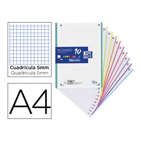 RECAMBIO COLOR OXFORD DIN A4 160 HOJAS 90 GR OPTIK PAPER CUADRO 5 MM 4 TALADROS BANDA 10 COLORES