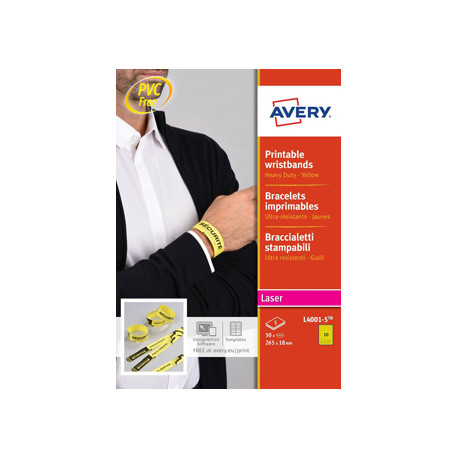 PULSERA IDENTIFICATIVA AVERY POLIETILENO AMARILLO FLUORESCENTE IMPRIMIBLE LASER 265X18 MM PACK DE 50