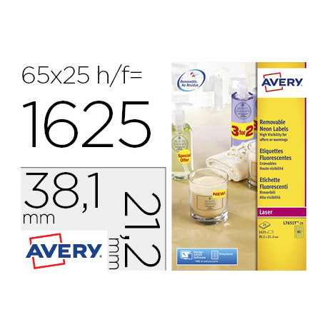 ETIQUETA ADHESIVA AVERY TAMA?O 38,1X21,2 MM REMOVIBLE AMARILLO FLUORESCENTE CAJA DE 1625 UNIDADES