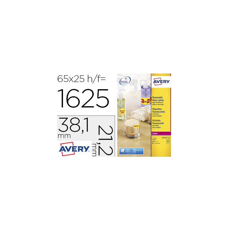 ETIQUETA ADHESIVA AVERY TAMA?O 38,1X21,2 MM REMOVIBLE AMARILLO FLUORESCENTE CAJA DE 1625 UNIDADES