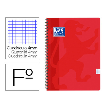 CUADERNO ESPIRAL OXFORD SCHOOL CLASSIC TAPA POLIPROPILENO FOLIO 80 HOJAS CUADRO 4 MM CON MARGEN ROJO