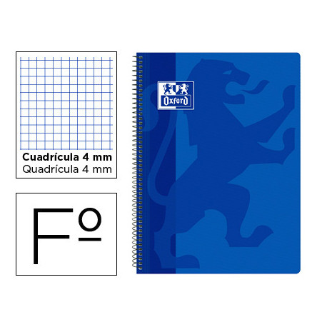 CUADERNO ESPIRAL OXFORD SCHOOL CLASSIC TAPA POLIPROPILENO FOLIO 80 HOJAS CUADRO 4 MM CON MARGEN AZUL