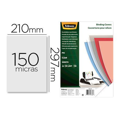 TAPA DE ENCUADERNACION FELLOWES DIN A4 PVC 150 MICRAS TRANSPARENTE PACK DE 100 UNIDADES