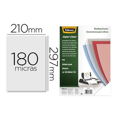 TAPA DE ENCUADERNACION FELLOWES DIN A4 PVC TRANSPARENTE CRISTAL 180 MICRAS PACK DE 100 UNIDADES