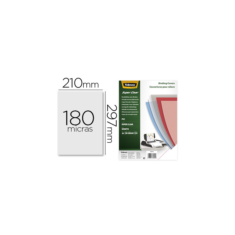 TAPA DE ENCUADERNACION FELLOWES DIN A4 PVC TRANSPARENTE CRISTAL 180 MICRAS PACK DE 100 UNIDADES