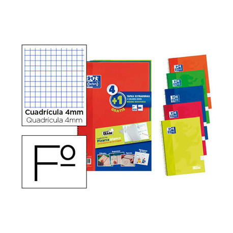 CUADERNO ESPIRAL OXFORD TAPA EXTRADURA FOLIO 80 HOJAS CUADRO 4 MM CON PIZARRA BLANCAPACK 4+1 COLORES