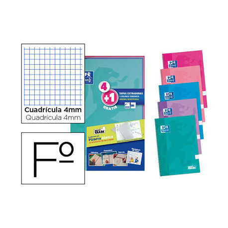 CUADERNO ESPIRAL OXFORD TAPA EXTRADURA FOLIO 80 HOJAS CUADRO 4 MM CON PIZARRA BLANCAPACK 4+1 COLORES