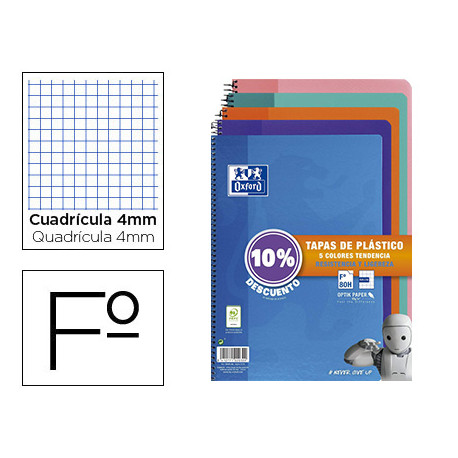 CUADERNO ESPIRAL OXFORD TAPA PLASTICO FOLIO 80 HOJAS CUADRO 4 MM PACK 5 UNIDADES COLORES TENDECIAS