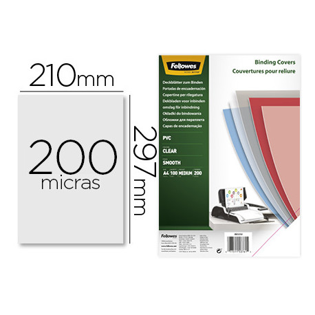 TAPA DE ENCUADERNACION FELLOWES DIN A4 PVC TRANSPARENTE CRISTAL 200 MICRAS PACK DE 100 UNIDADES