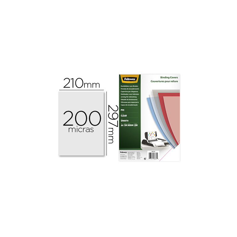 TAPA DE ENCUADERNACION FELLOWES DIN A4 PVC TRANSPARENTE CRISTAL 200 MICRAS PACK DE 100 UNIDADES