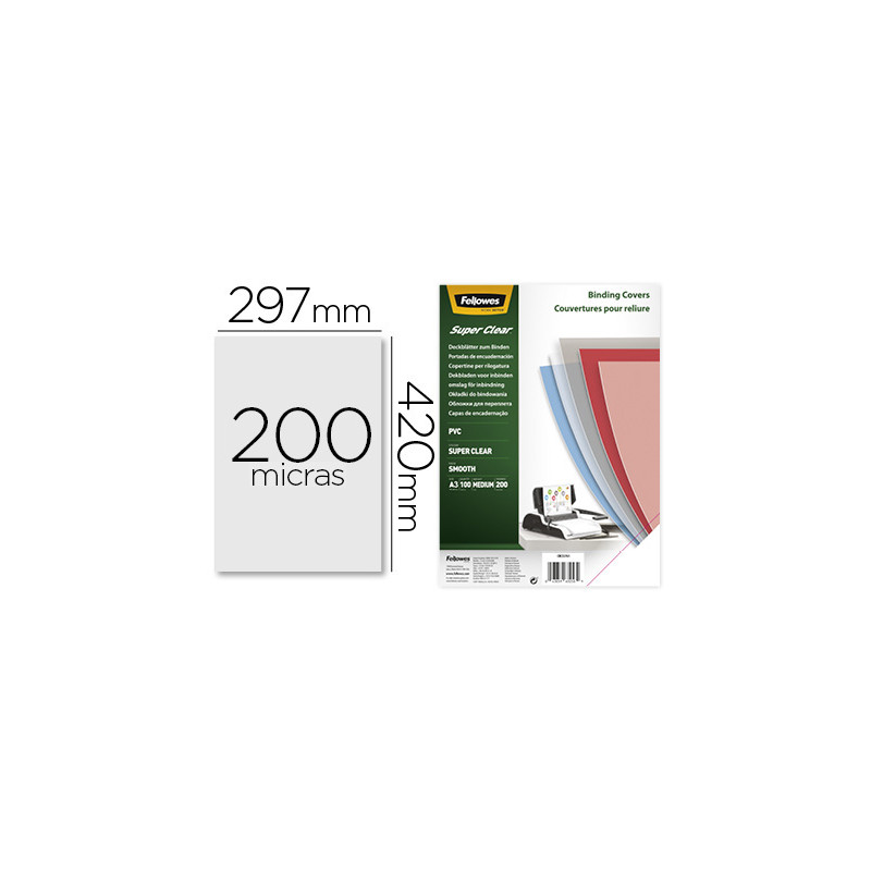 TAPA DE ENCUADERNACION FELLOWES DIN A3 PVC TRANSPARENTE CRISTAL 200 MICRAS PACK DE 100 UNIDADES