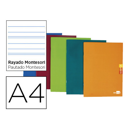 LIBRETA LIDERPAPEL SCRIPTUS A4 48 HOJAS 90G/M2 RAYADO MONTESSORI 3,5MM CON MARGEN COLORES SURTIDOS