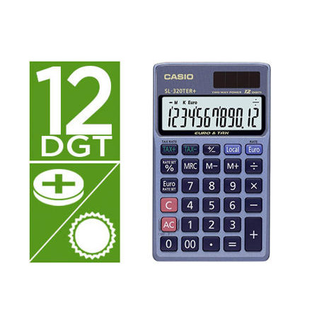 CALCULADORA CASIO SL-320TER BOLSILLO 12 DIGITOS TAX +/- CONVERSION MONEDA TECLA DOBLE CERO COLOR AZU