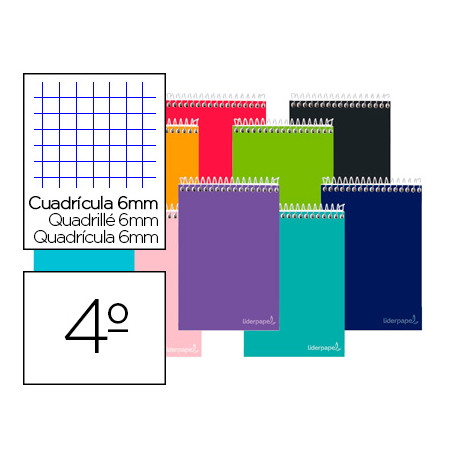 CUADERNO ESPIRAL LIDERPAPEL CUARTO WITTY TAPA DURA 80H 75GR CUADRO 6MM CON MARGEN COLORES SURTIDOS