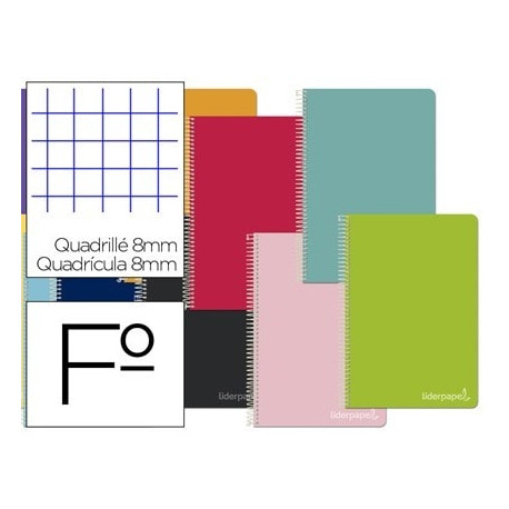 CUADERNO ESPIRAL LIDERPAPEL FOLIO WITTY TAPA DURA 80H 75GR CUADRO 8MM CON MARGEN COLORES SURTIDOS