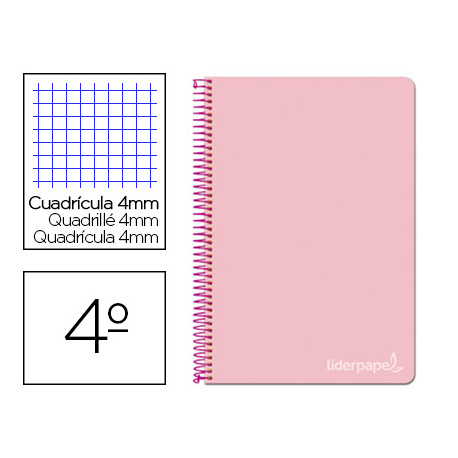 CUADERNO ESPIRAL LIDERPAPEL CUARTO WITTY TAPA DURA 80H 75GR CUADRO 4MM CON MARGEN COLOR ROSA