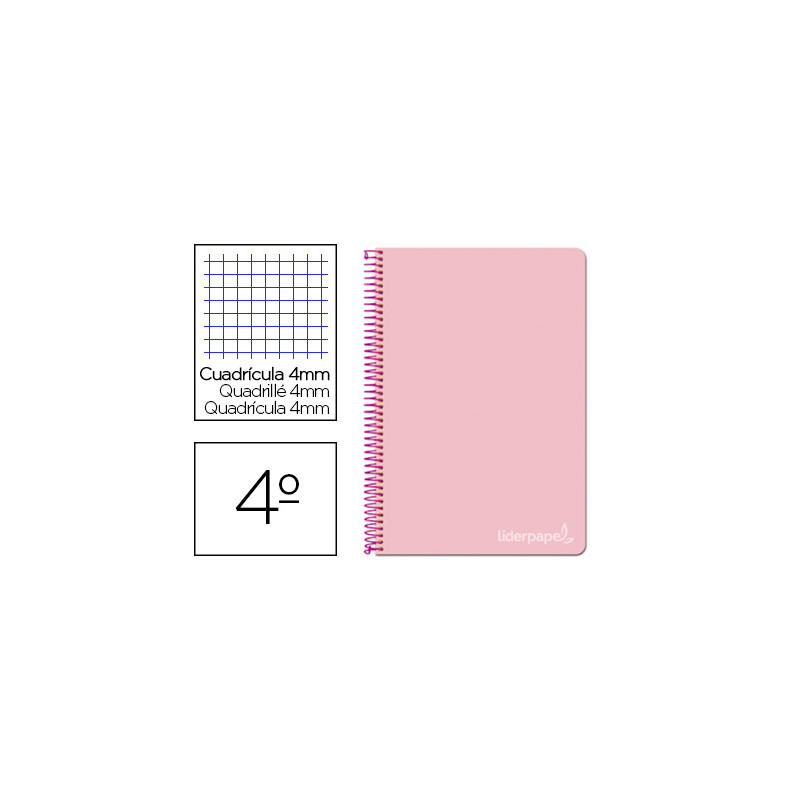 CUADERNO ESPIRAL LIDERPAPEL CUARTO WITTY TAPA DURA 80H 75GR CUADRO 4MM CON MARGEN COLOR ROSA