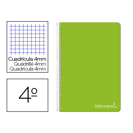 CUADERNO ESPIRAL LIDERPAPEL CUARTO WITTY TAPA DURA 80H 75GR CUADRO 4MM CON MARGEN COLOR VERDE