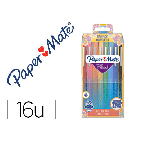 ROTULADOR PAPER MATE FLAIR ORIGINAL PUNTA FIBRA TROPICAL ESTUCHE RIGIDO DE 16 UNIDADES COLORES SURTI