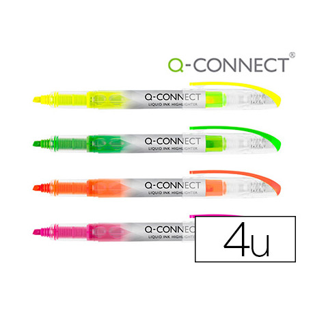 ROTULADOR Q-CONNECT FLUORESCENTE PUNTA BISELADA TINTA LIQUIDA BOLSA DE 4 UNIDADES COLORES SURTIDOS