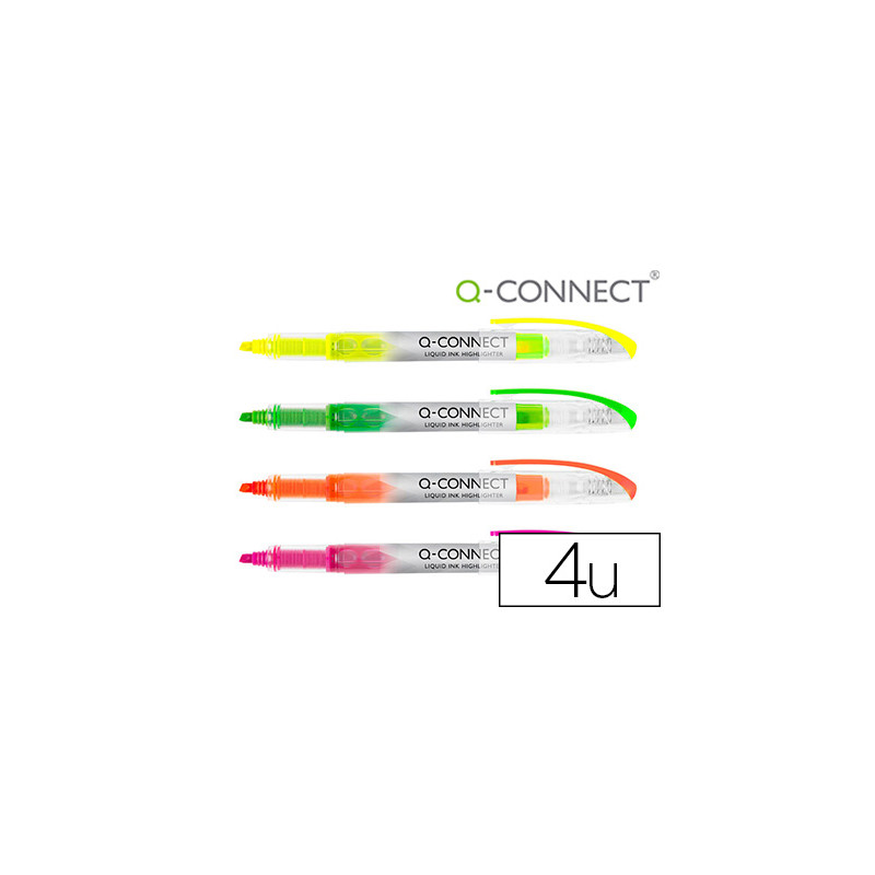 ROTULADOR Q-CONNECT FLUORESCENTE PUNTA BISELADA TINTA LIQUIDA BOLSA DE 4 UNIDADES COLORES SURTIDOS