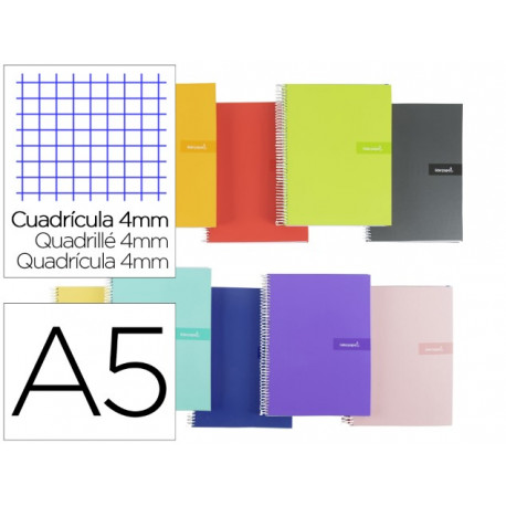 CUADERNO ESPIRAL LIDERPAPEL A5 CRAFTY TAPA FORRADA 80H 90 GR CUADRO 4 MM CON MARGEN COLORES SURTIDOS